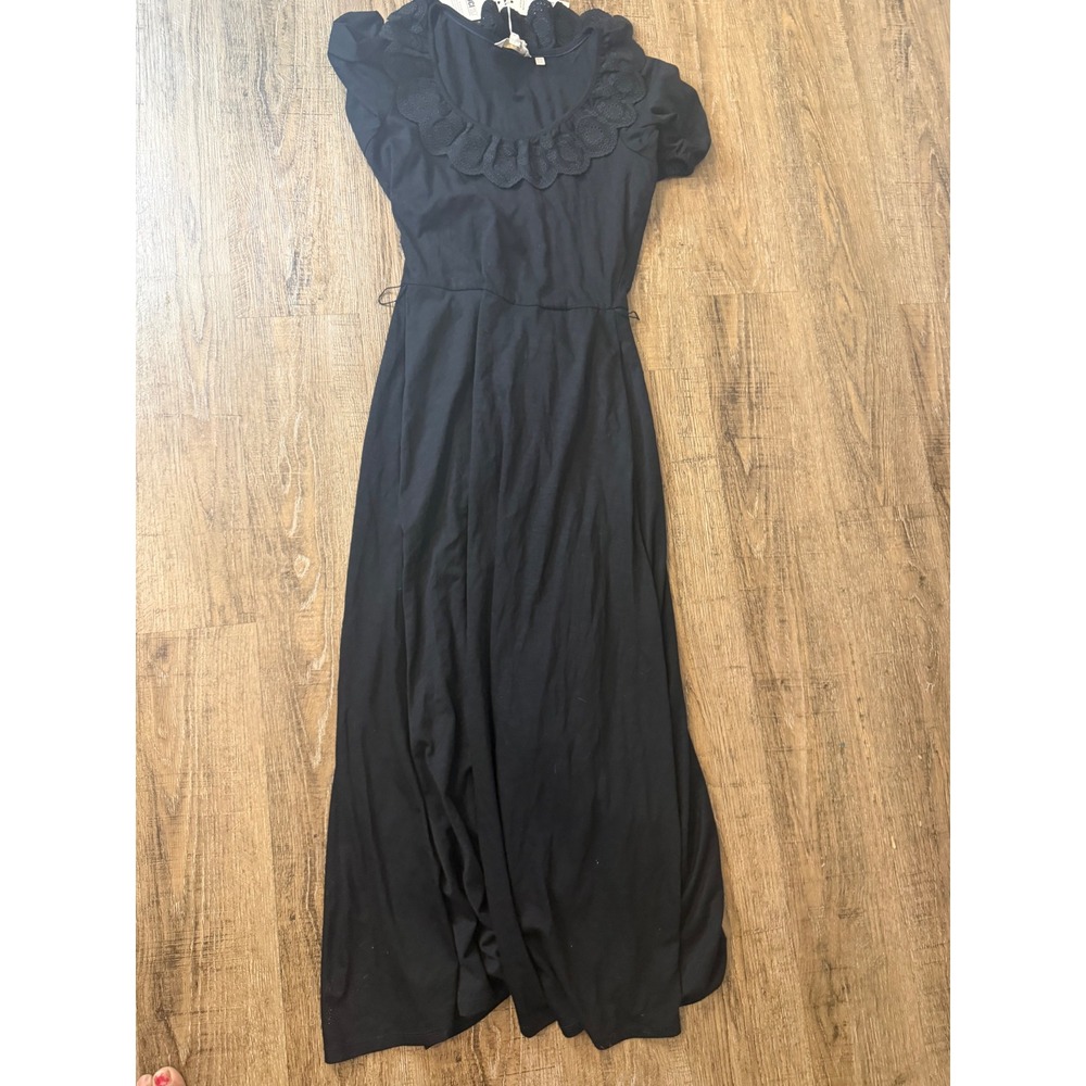 Boden Black Eyelet Ruffle Collar Maxi Dress Short Sleeve US 6R D0135 NEW